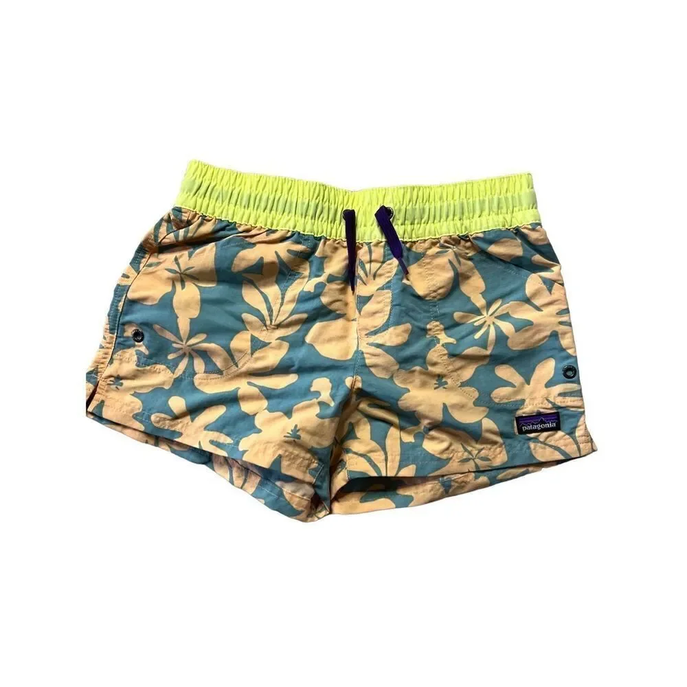 Patagonia Girls Yellow & Blue Floral Print Costa Rica Baggies Shorts Size L NW